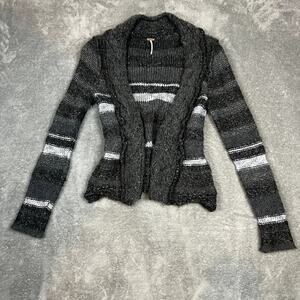 Free People Cardigan Sweater Womens M Wool Blend Chunky Knit‎ Dark Grey Striped